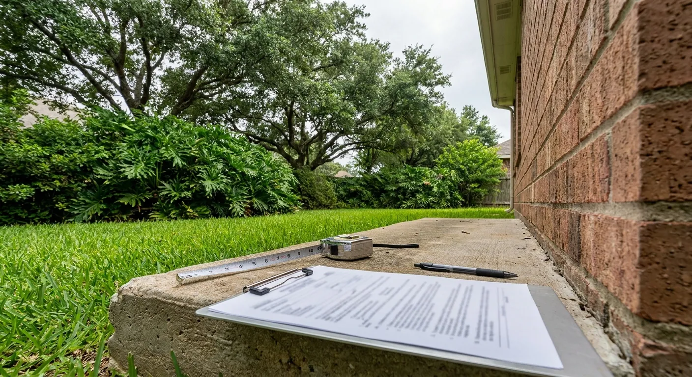 Foundation inspection clipboard and tape measure on a Houston slab edge beside brick