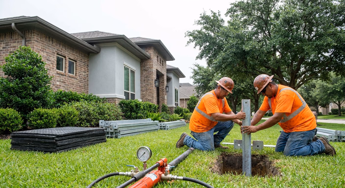 Steel push piers set along the foundation of a Houston home during a slab repair