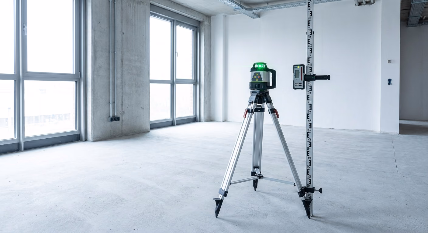 Rotary laser on a tripod reading floor elevations during a foundation inspection in a Houston home