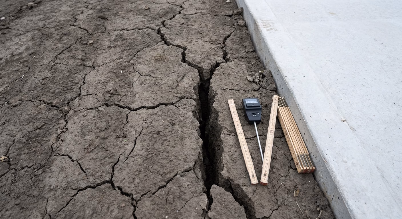 Cracked Houston clay soil pulling away from a slab edge after a dry summer